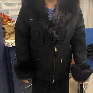 Warm Bogner Black Women's Jacket with Fur Trim pre loved condition no belt